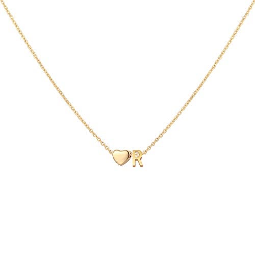 Initial Heart Necklace 18K Gold Plated Stainless Steel Tiny Heart Letter R Necklace Personalized Monogram Name Necklace for Women Girls